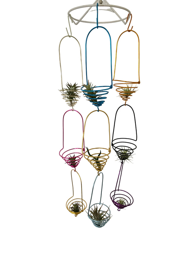 Decorative wall art with colorful metal sculptures and air plants 